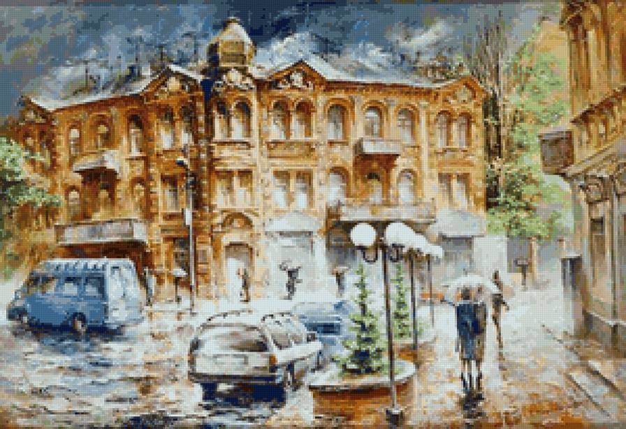 Перекресток - город, дождь, городской пейзаж, машина, улица, дом - предпросмотр