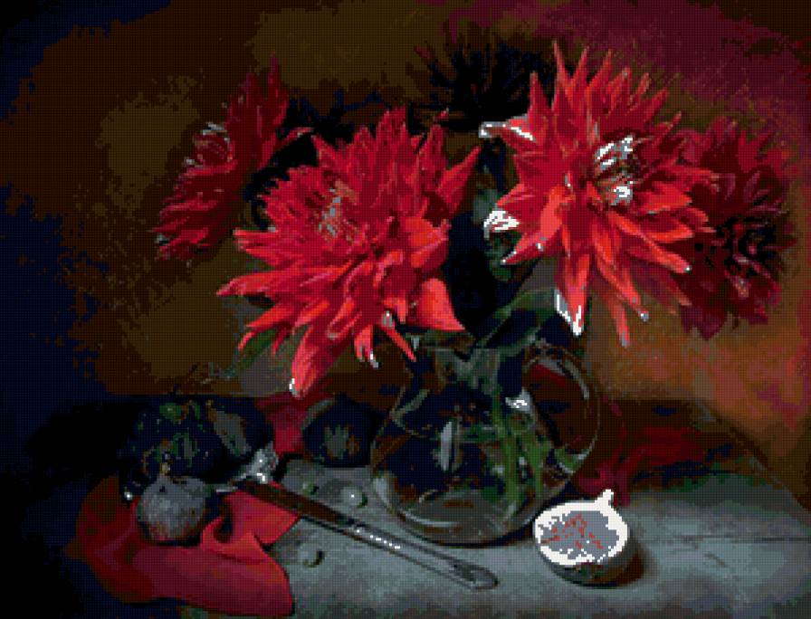 №68971 - букет, фрукты, цветы, натюрморт, георгины - предпросмотр