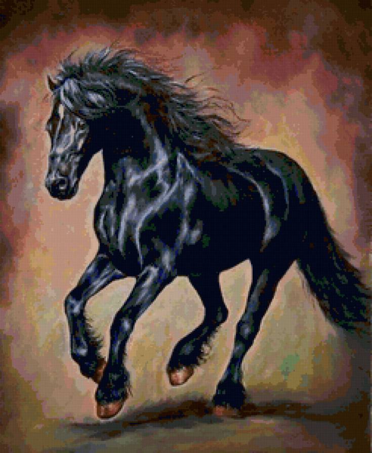 Вороной - живопись, елена аверкина, лошади, животные, жеребец, картина - предпросмотр
