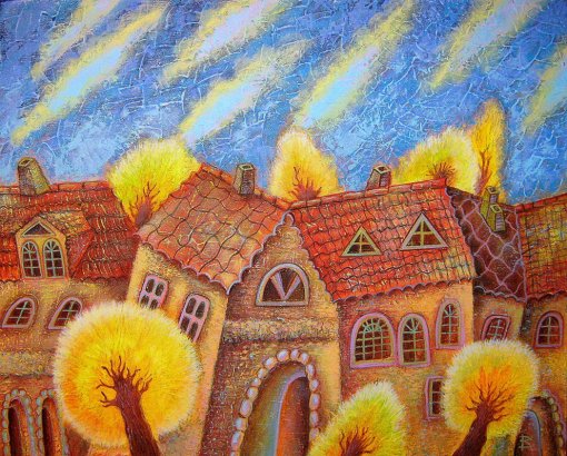 "бабине літо", худ. Вітановська Р. - пейзаж, дома, осень, деревья - оригинал