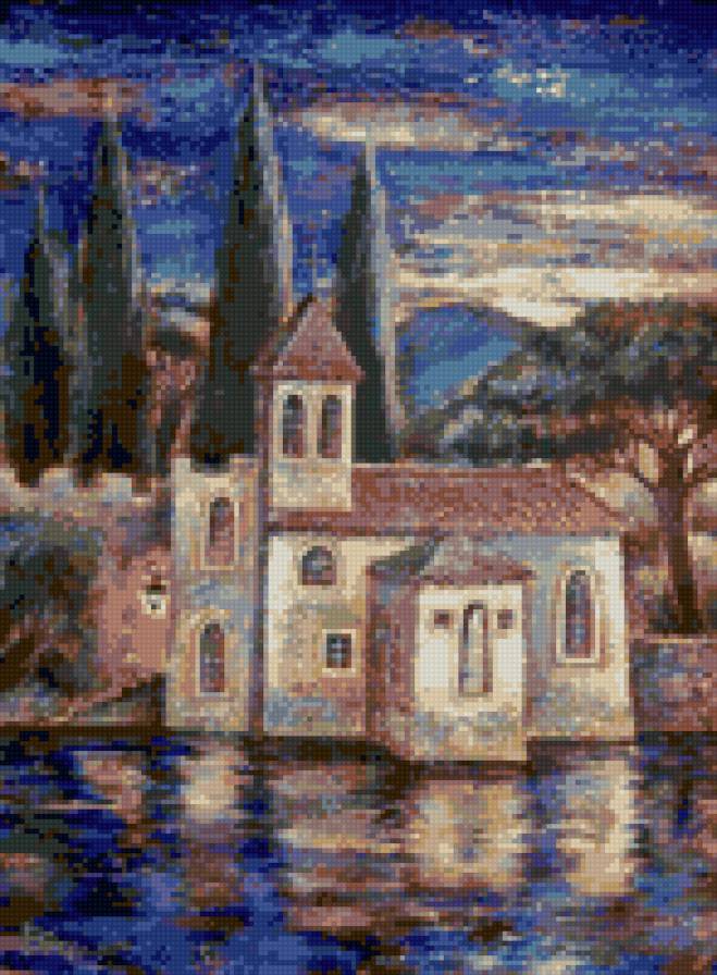 "старий храм", худ. Вітановська Р. - храм, ночь, пейзаж, деревья, вода - предпросмотр