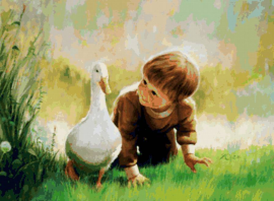 Забавная прогулка - прогулка, природа, гусь, ребенок, дети - предпросмотр