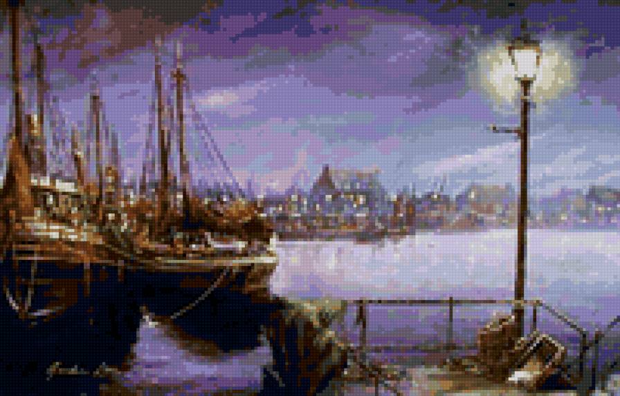 ночь в приморском городе - корабли, городской пейзаж, ночь, море - предпросмотр