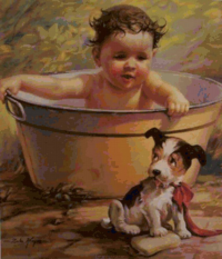 Давай ко мне! - собака, щенок, купание, ребенок - предпросмотр