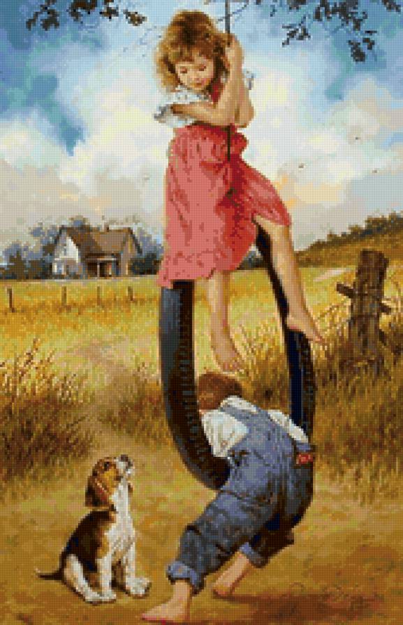 Качели - качели, ребенок, мальчик, дети, щенок, девочка, собака - предпросмотр