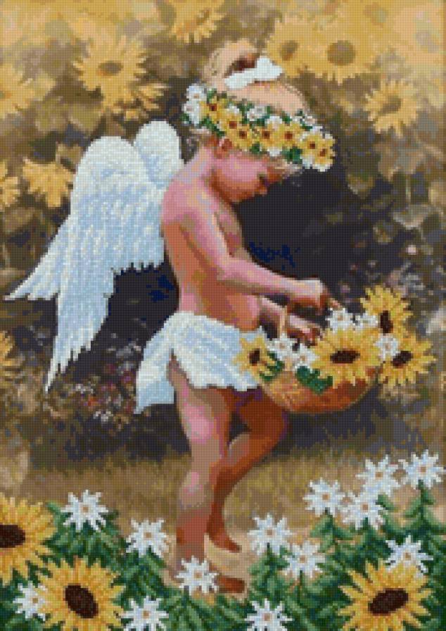 Ангелок и подсолнухи - цветы, подсолнух, ангел, ребенок - предпросмотр