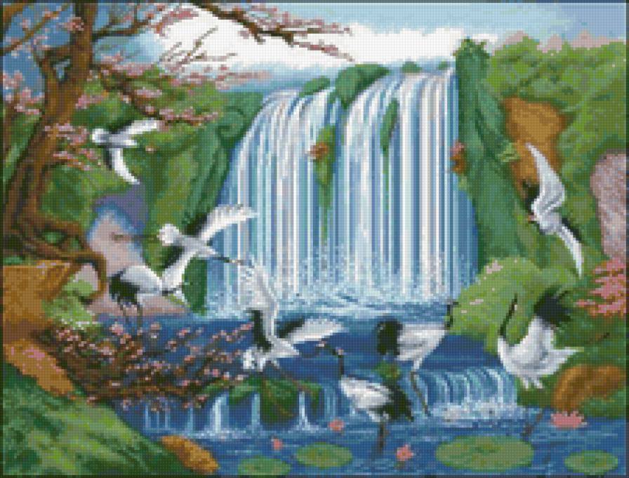 Журавли - птица, природа, красота, журавль, водопад, пейзаж - предпросмотр