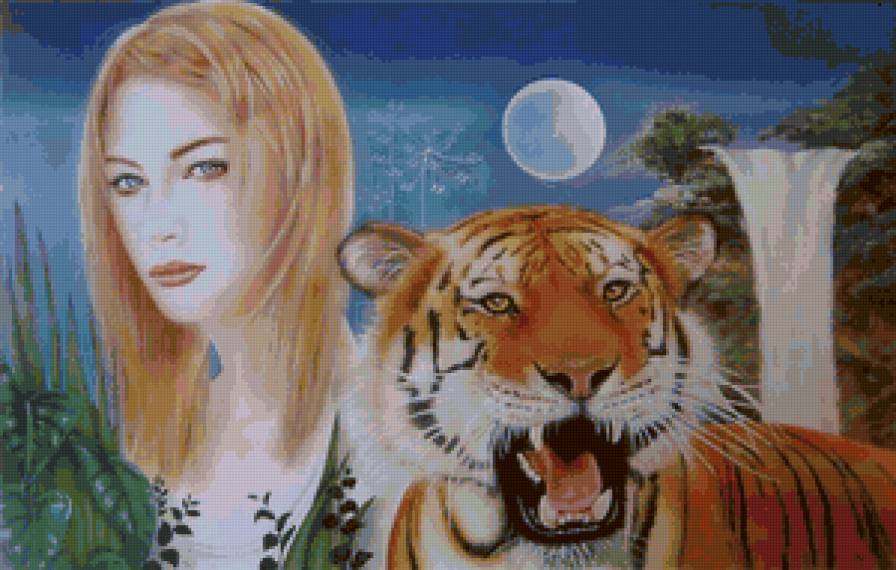девушка и тигр - хищники, картина, тигры, женщина, кошки, образ, животные, девушки - предпросмотр
