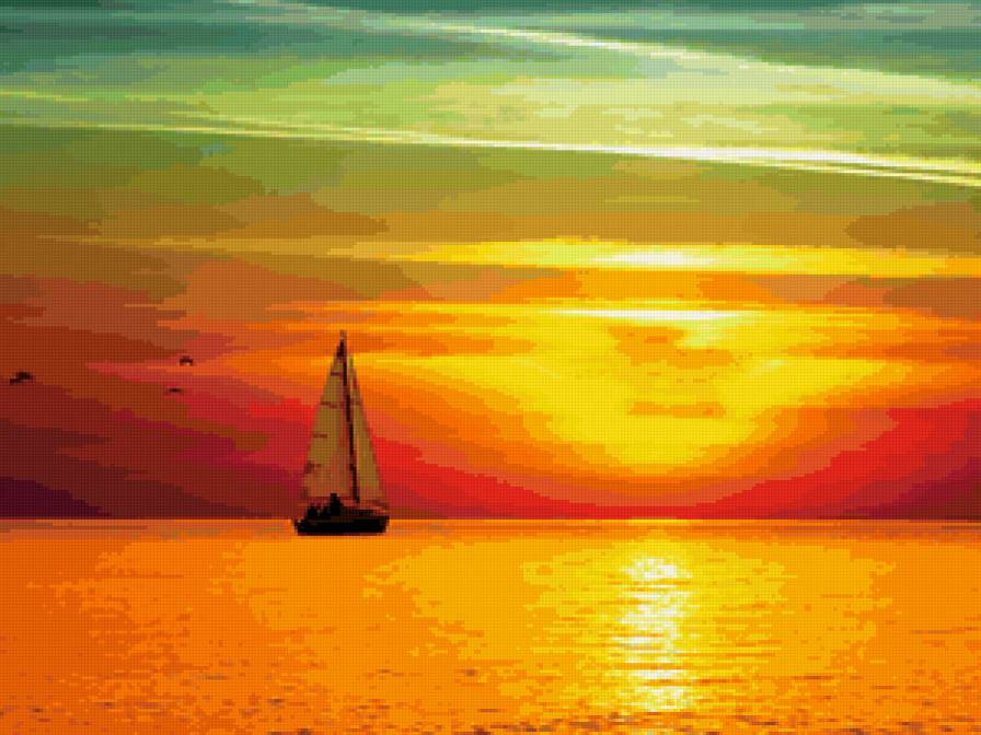 закат солнца - парусник, море, закат - предпросмотр