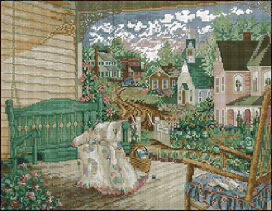 Деревенский пейзаж - цветы, деревенский пейзаж, природа, веранда, пейзаж - предпросмотр