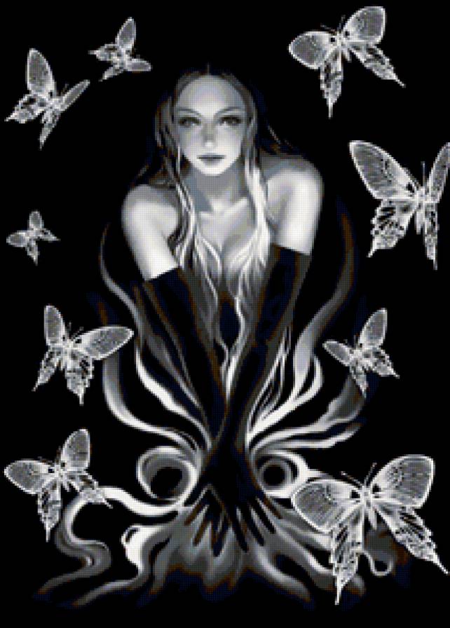 девушка-ночь - черное и белое, сны, ночь, девушка, бабочки - предпросмотр