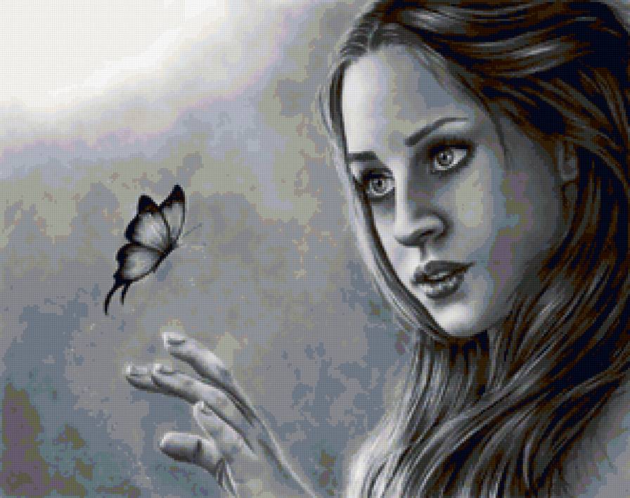 Черно-белое 1 - девушка, графика, бабочка - предпросмотр