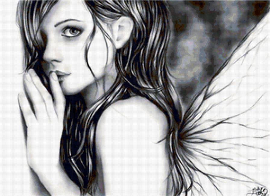 Черно-белое 5 - графика, бабочка, девушка, крылья - предпросмотр