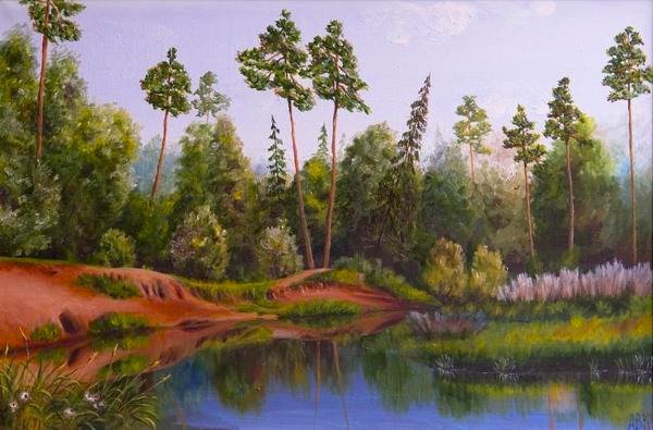 берег - отражения, берег, деревья, озеро, живопись, река, природа - оригинал