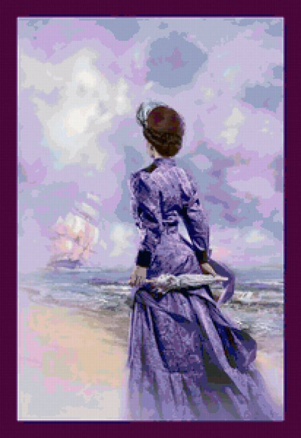 ожидание - девушка, море, парусник, корабль, живопись, пейзаж - предпросмотр