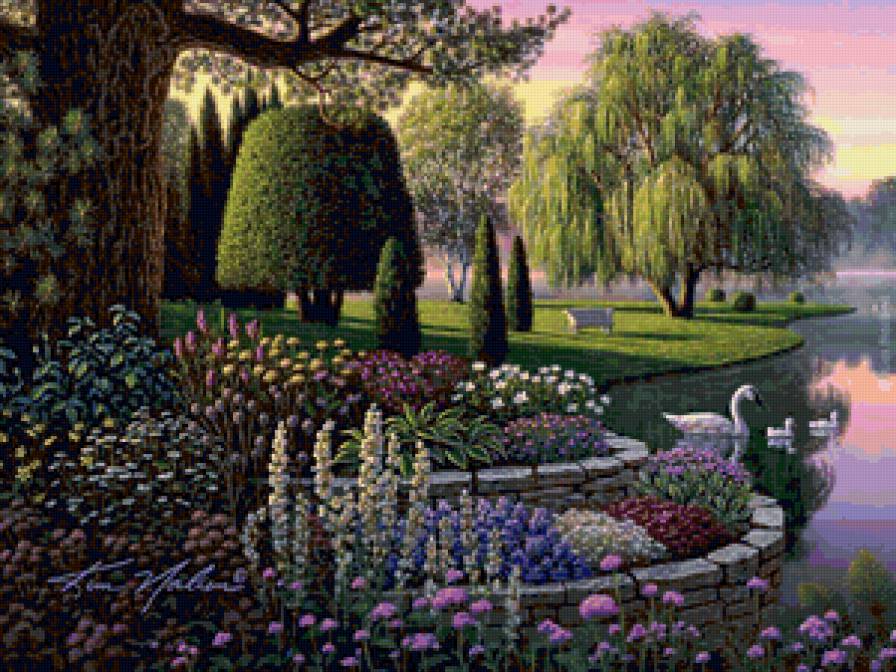 Kim Norlien - пейзаж, цветы, лебедь, птица, река - предпросмотр