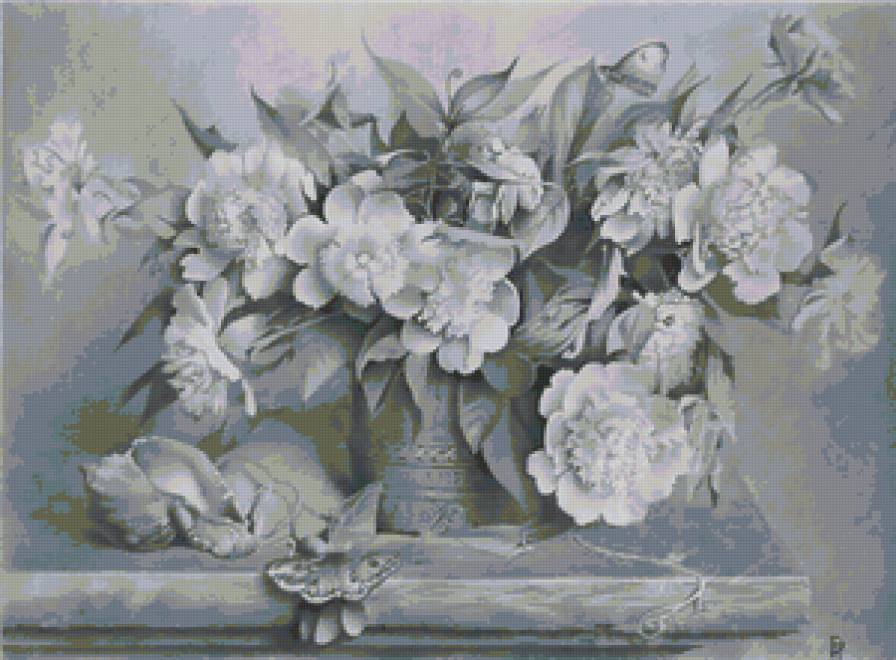 черно-белое - природа, цветы, натюрморт, букет, бабочка - предпросмотр