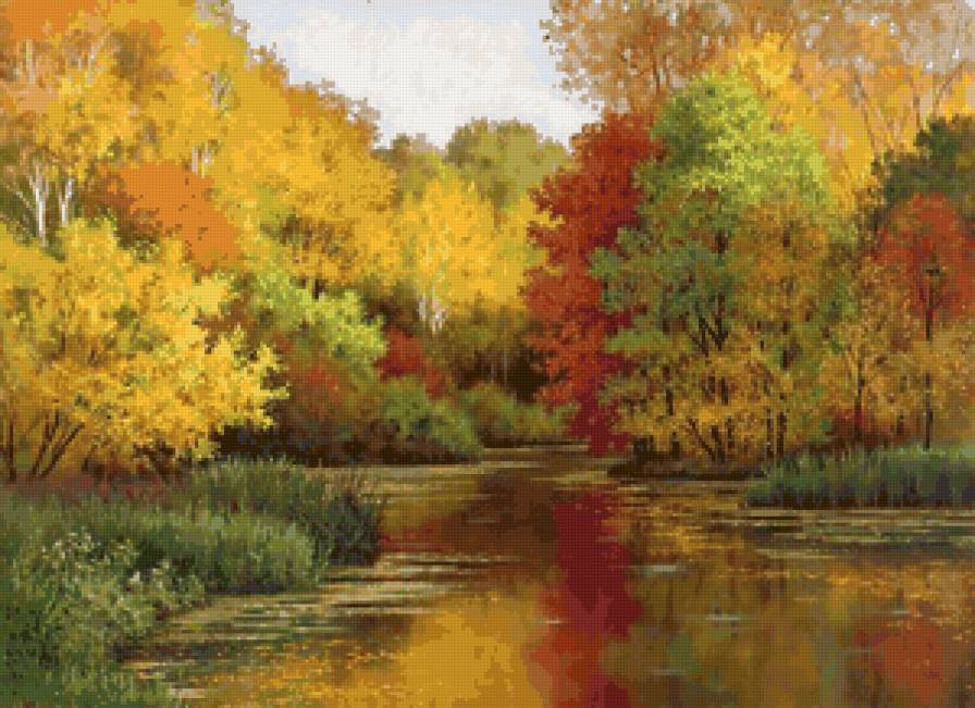 Краски осени - природа, река, осень, живопись, пейзаж, лес, картина - предпросмотр