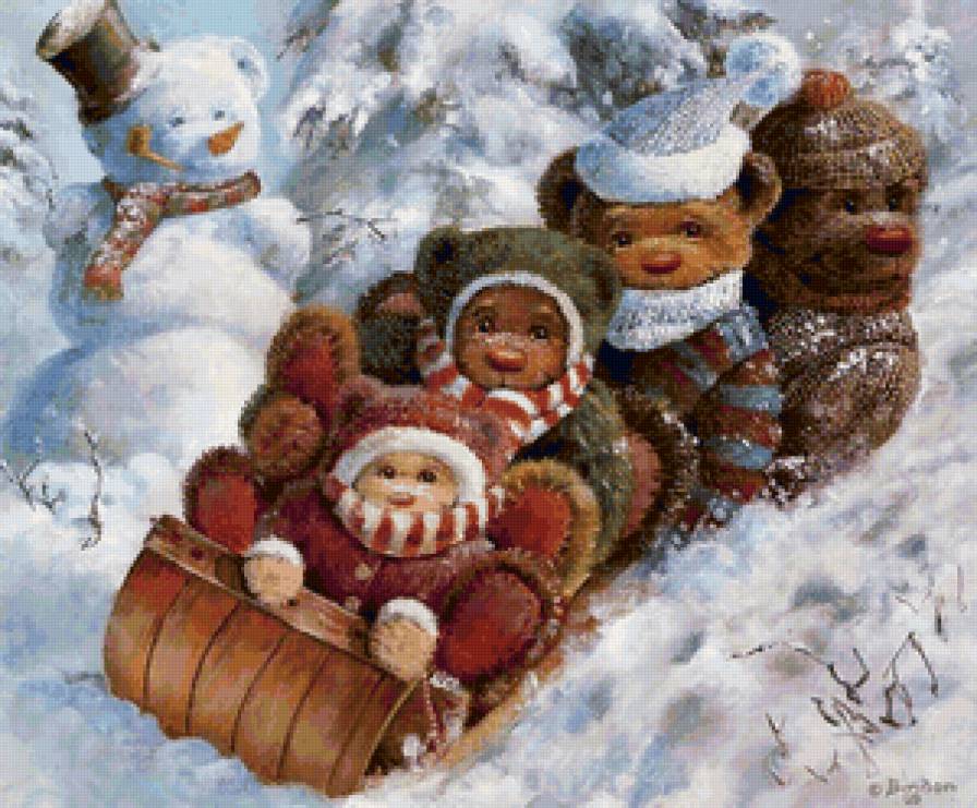 Медвежата катятся с горки - медведь, игрушка, медвежонок, зима - предпросмотр