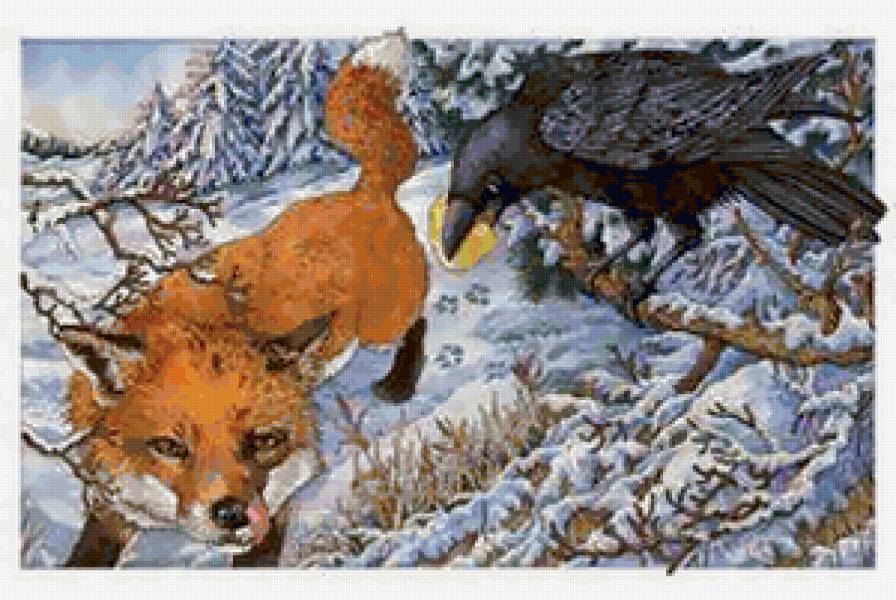 Лисица и ворона - животные, сыр, лиса, иллюстрация, ворона, литература - предпросмотр