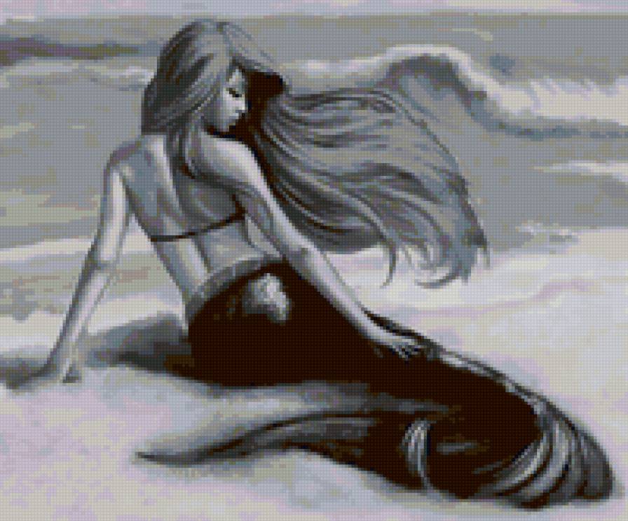 русалка - девушка, русалка, море, фэнтези, черно-белое - предпросмотр