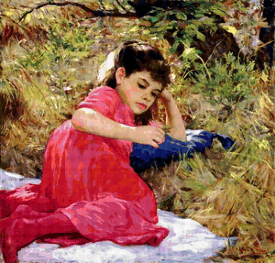 Созерцание - девушка, пейзаж, цветы, лето, поле - предпросмотр