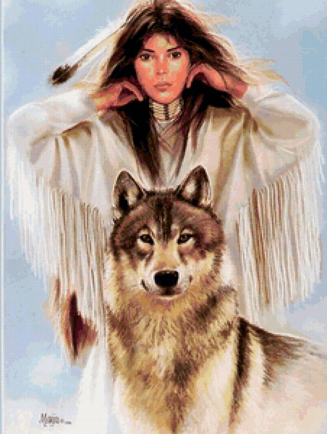девушка и волк - женщина, индейцы, девушки, портрет, картина, образ - предпросмотр