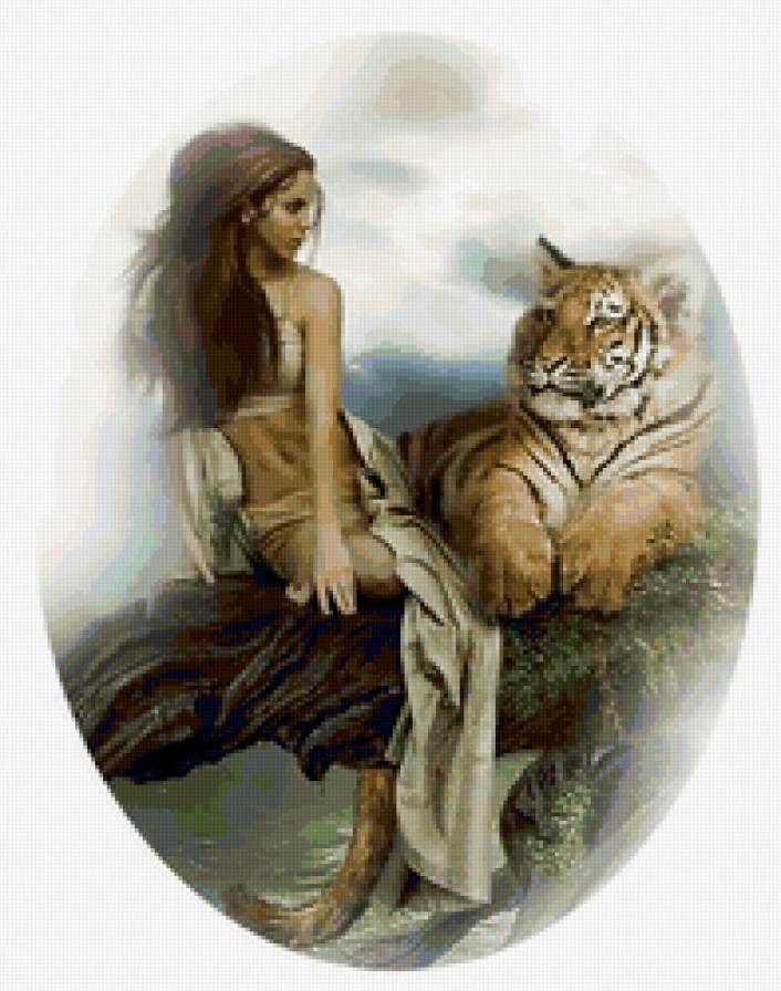 Девушка и тигр - девушка, животные, тигр, живопись - предпросмотр