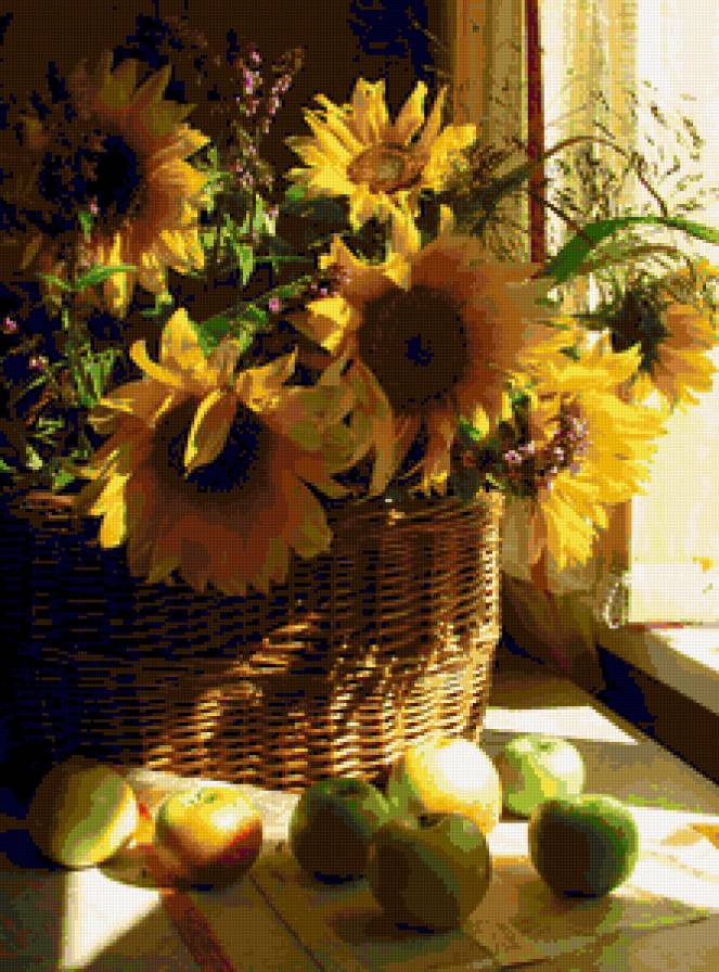 Подсолнухи и яблоки - подсолнухи, цветы, яблоки, полевые цветы, подсолнух - предпросмотр