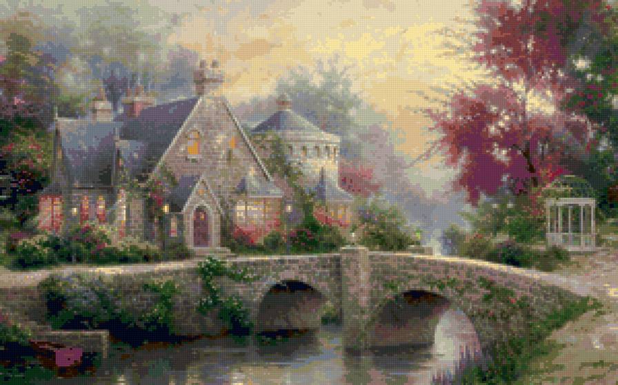 89 - дом, картина, река, пейзаж, мост, лето - предпросмотр