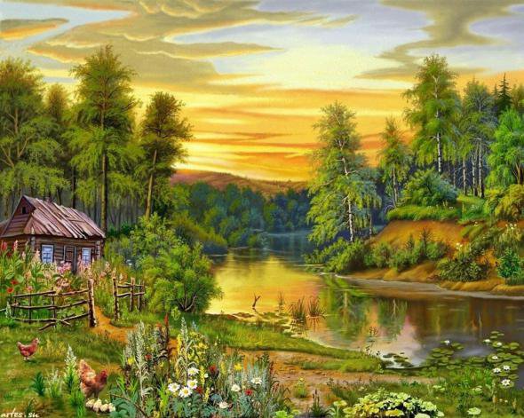 лето в деревне - дом, лето, река, пейзаж, деревня, природа - оригинал