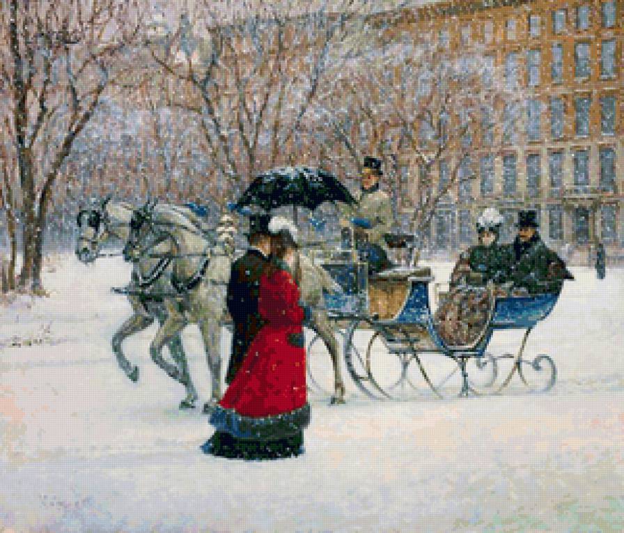 СЕРИЯ  "АЛАН МАЛЕЙ". САНОЧКИ - снег, деревья, зима, пара, лошади, шубка, саночки - предпросмотр