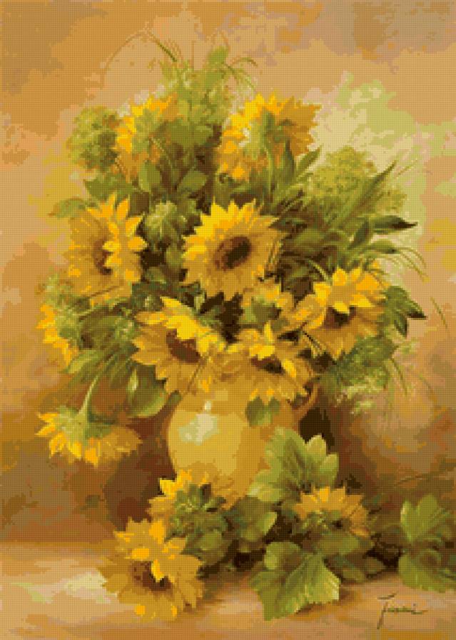 подсолнухи - букет, ваза, цветы, подсолнухи, картина - предпросмотр