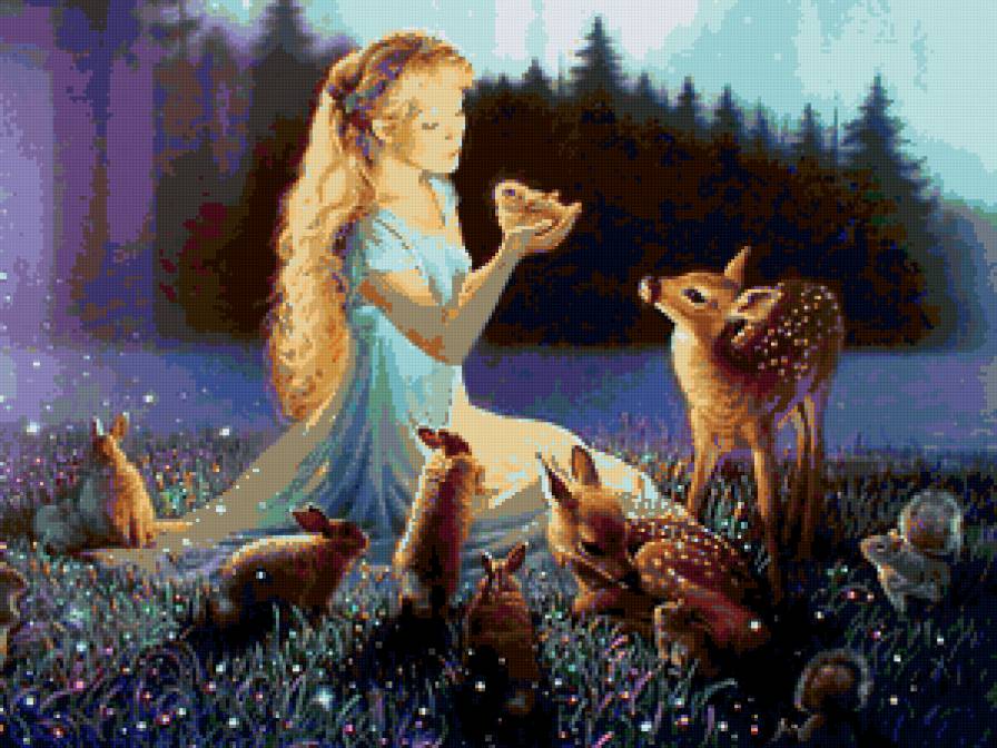 Лесные животные - ночь, животные, олень, природа, зайки, лес, девушка - предпросмотр