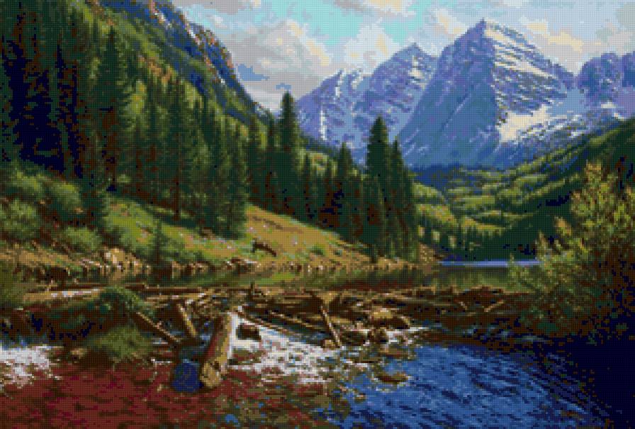 №79860 - природа, горы, река, живопись, деревья, пейзаж - предпросмотр