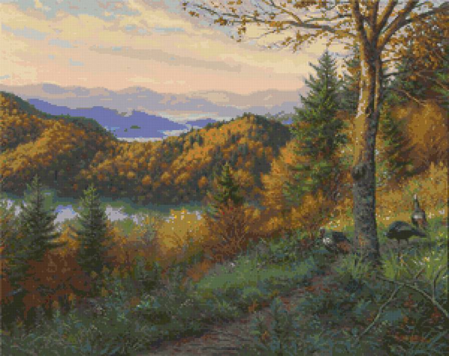 №79864 - птицы, осень, природа, озеро, деревья, пейзаж, живопись - предпросмотр