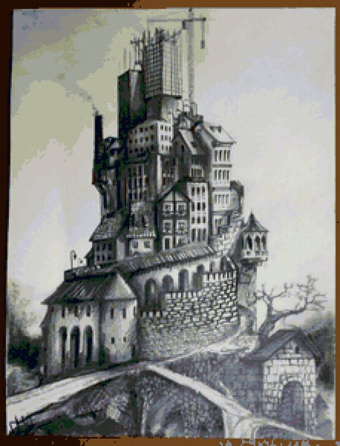 черно-белое - дома, замок, природа - предпросмотр