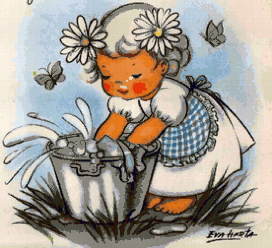 Мамина помощница - забавные детки, ромашка, малыши, детки, девочка, винтаж - предпросмотр