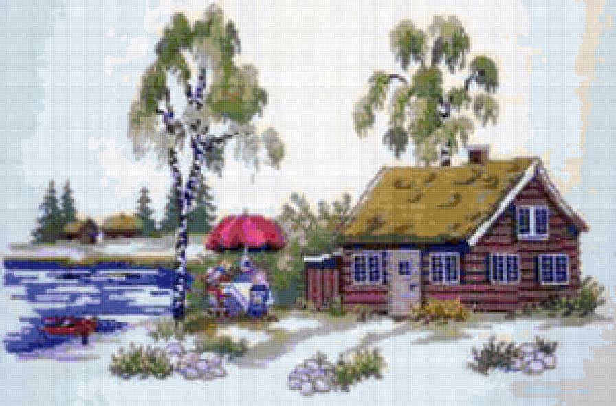 Домик у реки - пейзаж, домик - предпросмотр