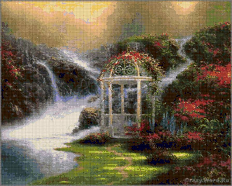 №81617 - парки, пейзаж, беседка, цветы, водопады, река, живопись - предпросмотр