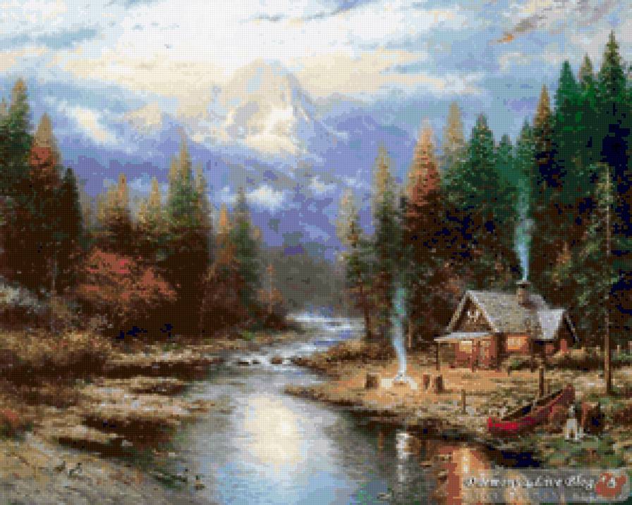 №81626 - деревья, дома, река, природа, живопись, пейзаж - предпросмотр