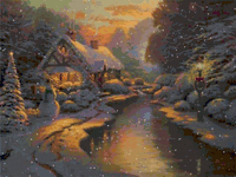 новогодний пейзаж - снеговик, новый год, зима - предпросмотр