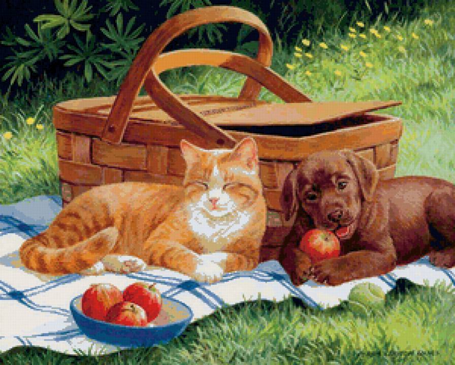 пикник - собака, луг, корзина, кот - предпросмотр