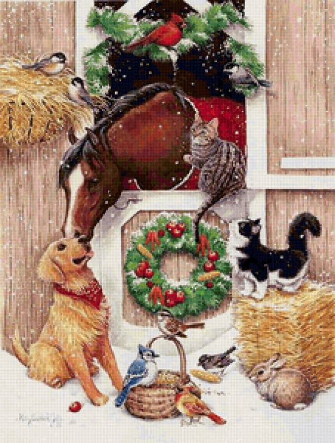 рождественские встречи - собаки, лошадь, птицы, кошки - предпросмотр
