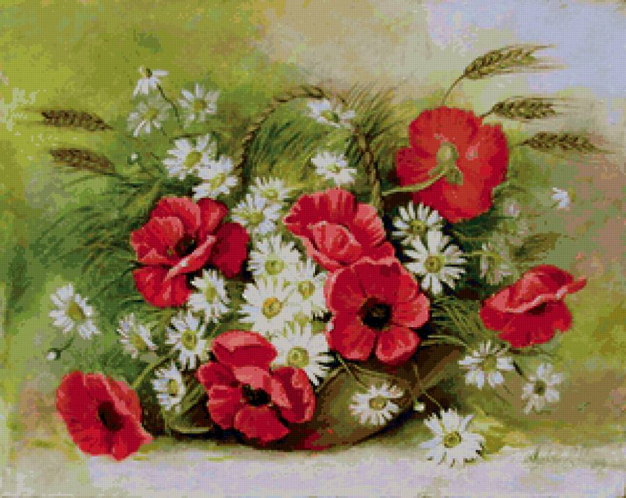 Корзина с ромашками и маками - маки, цветы.букет, ромашки - предпросмотр