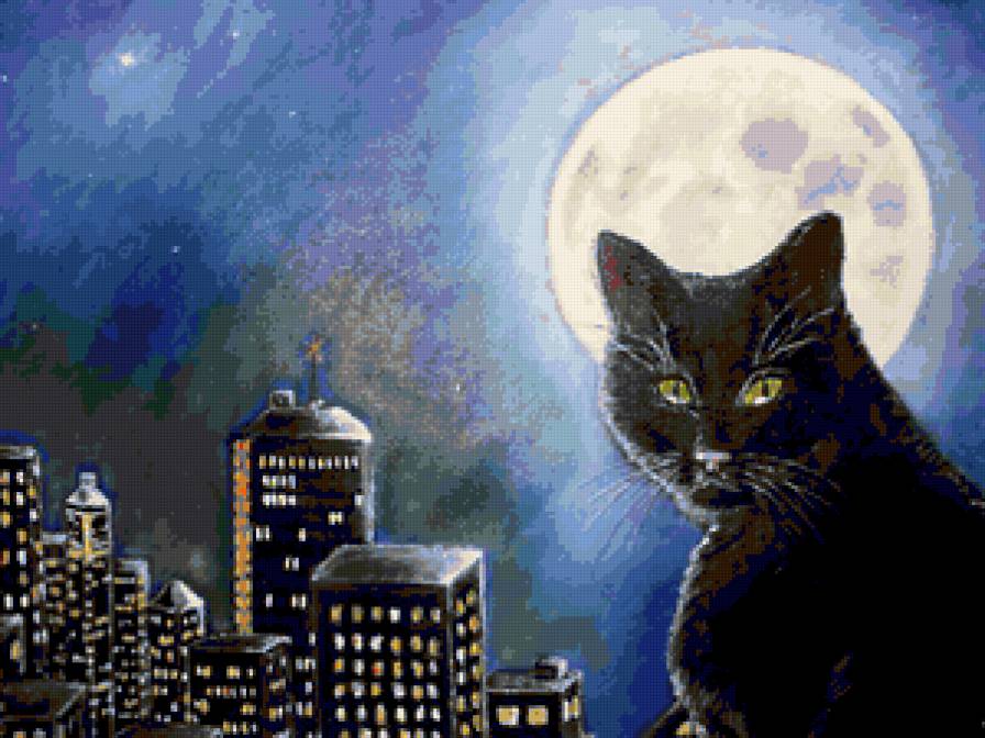 Город спит - кошка, город, кот, здания, ночь, животное, луна - предпросмотр