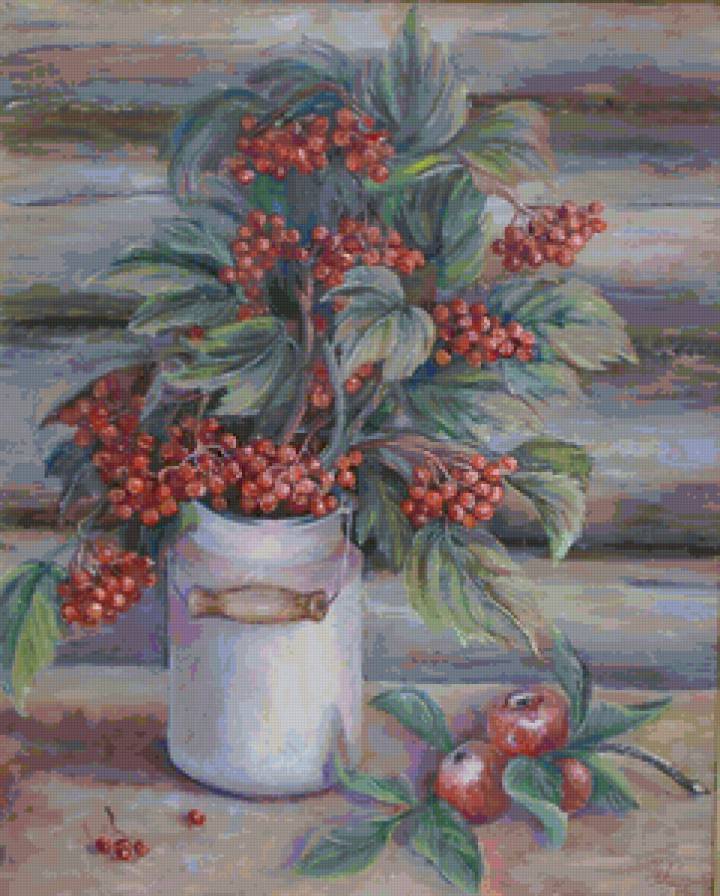 Натюрморт с рябиной - натюрморт, ягоды, букет, яблоки, рябина - предпросмотр
