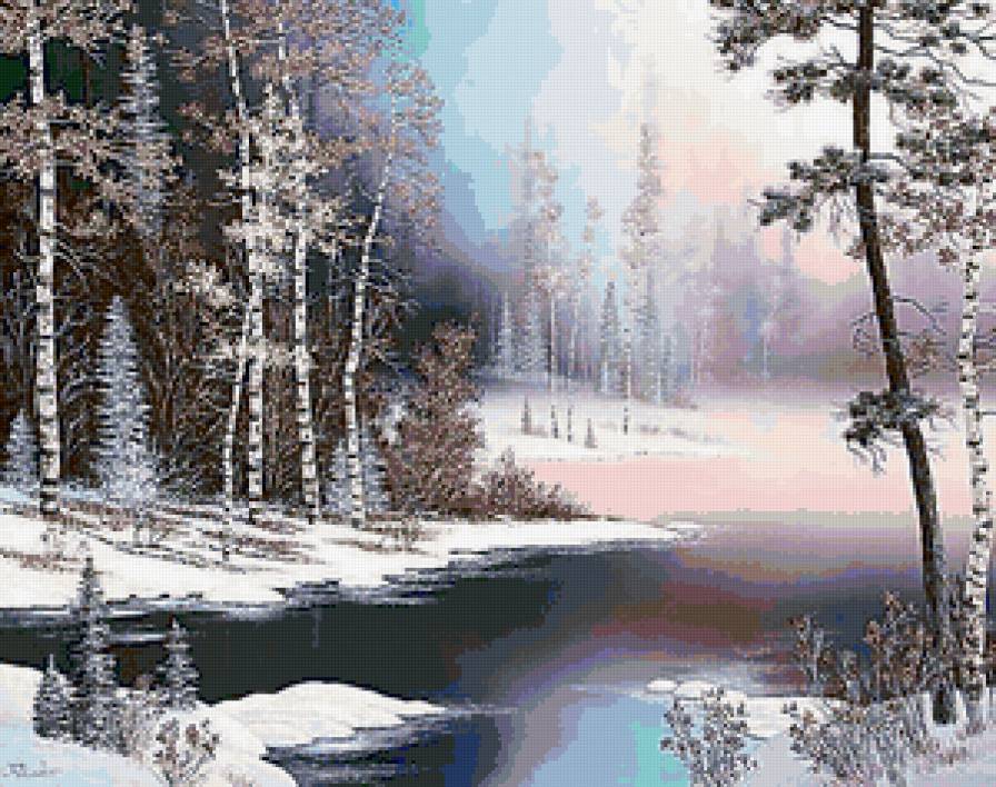 утро в лесу - лес, река, пейзаж, природа, зима - предпросмотр