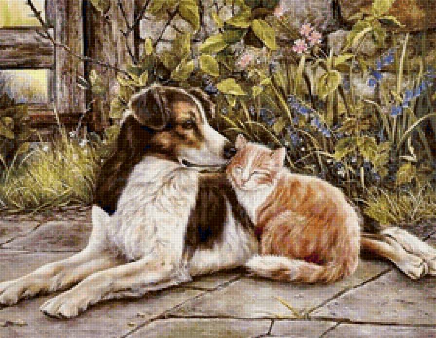 Серия СОБАКИ. Живопись. - дружба, кошка, двое, животные, собака, сон - предпросмотр