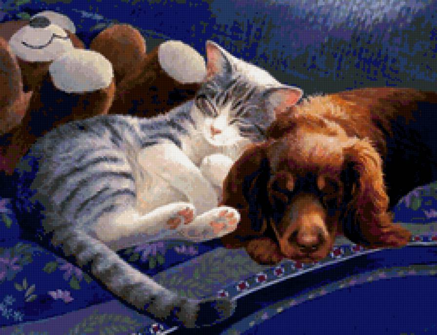 Серия СОБАКИ. Живопись. - двое, дружба, кошка, сон, животные, собака - предпросмотр